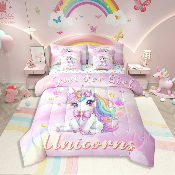 Erosebridal Unicorn Bedding Twin Size 7pcs, Stars Print Reversible, Super Cozy