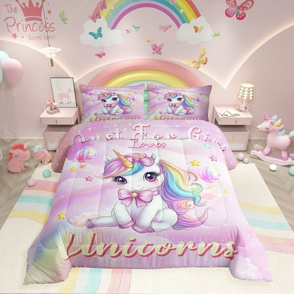 Erosebridal Unicorn Comforter Sets Twin Size, Stars Print Reversible, Super Cozy 2pcs