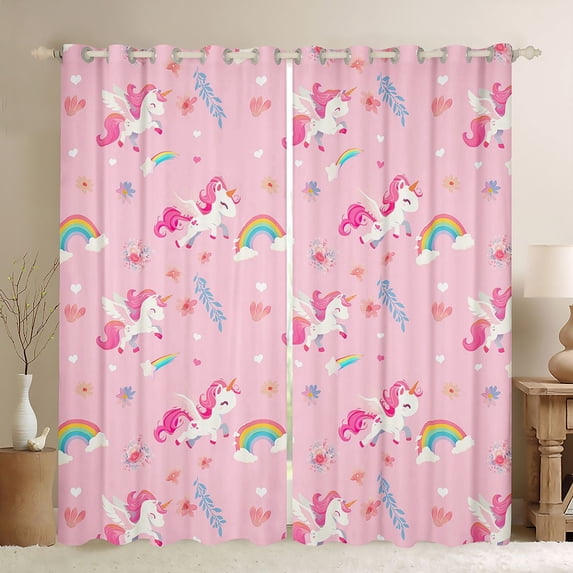 Erosebridal Girls Unicorn Curtains Pack of 2 (42x84 Each),Cartoon Rainbow Print Cute Flowers Curtains Blackout For Kids