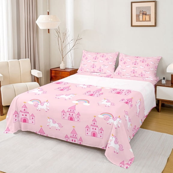 Erosebridal Girls Unicorn Full Size Sheets,Cartoon Pink Princess Castle Bed Sheets For Kids 4-Piece