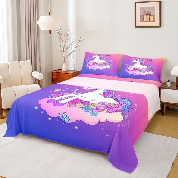 Erosebridal Girls Unicorn Full Size Sheets,Colorful Blossom Flowers Bed Sheets For Kids 4pcs