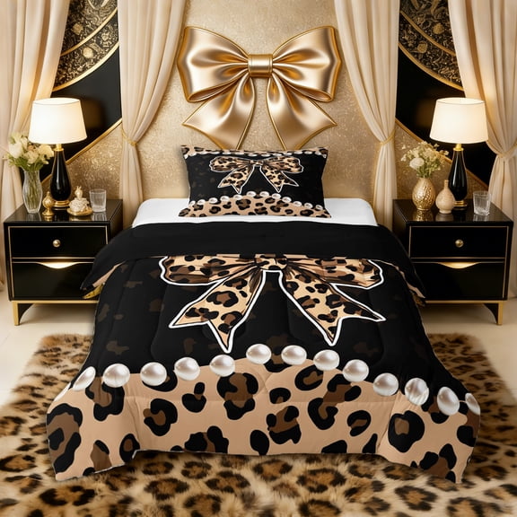 Erosebridal Girls Vintage Cheetah Print Bow Twin Comforter Sets 3-Piece,3D Pearl Print Bedding Set for Teens,Black Reversible,Microfiber Bedroom Decor