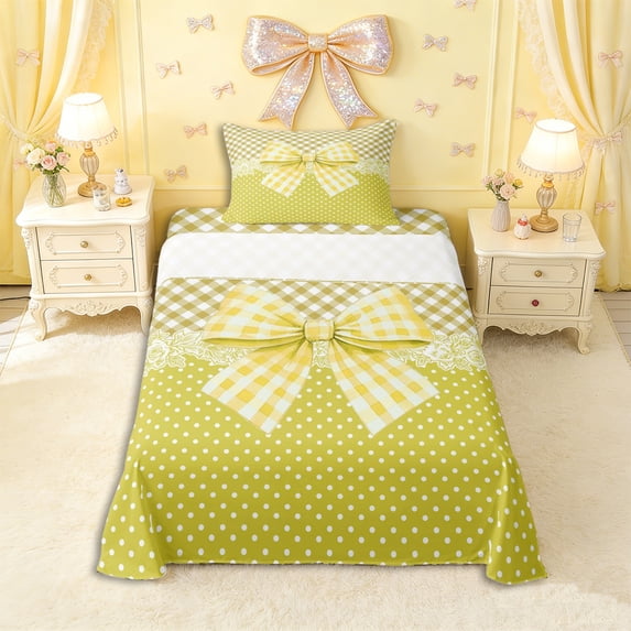 Erosebridal Girls Yellow Plaid Bowknot Twin Sheet Sets 3pcs,Teens Vintage Polka Dots Flowers Bedding,Super Cozy Room Decor