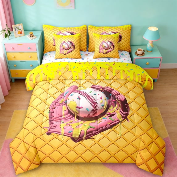 Erosebridal Girly Ball Games 7-Piece Bedding Comforter Set,Yellow Baseball Ice Cream King Bedding Sets For Kids,Reversible
