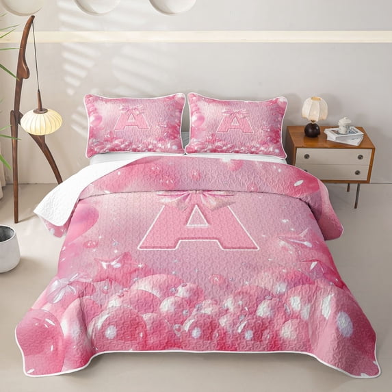 Erosebridal Girly Balloon Letter A Twin Quilt Set for Girls, Pink Festive Bow Ribbon Twin Coverlet Set, 2pcs