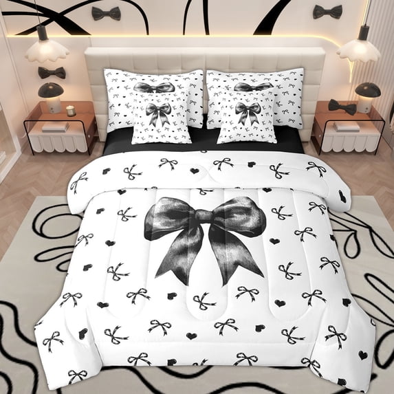 Erosebridal Girly Black Bow Bedding Comforter Set 7 Pieces, Cute Love Heart Full Bedding Set