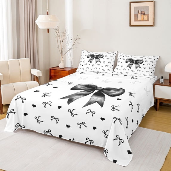 Erosebridal Girly Black Bow Full Size Sheets, Cute Love Heart Bed Sheets, 4-Piece