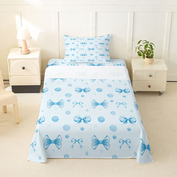 Erosebridal Girly Blue Bow Twin Sheet Sets, Kawaii Princess Cartoon Bedding, 3-Piece