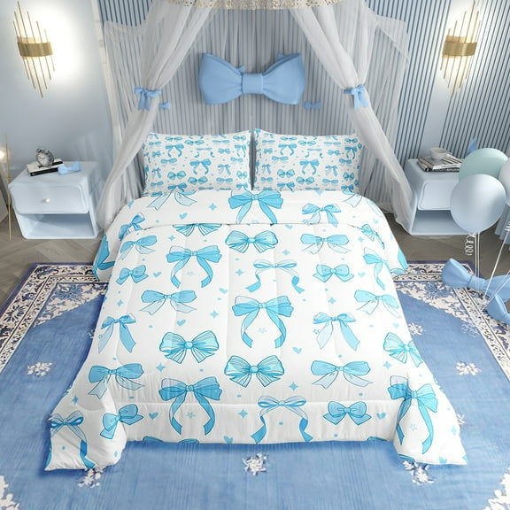 Erosebridal Girly Blue Bowknot Comforter King,Watercolor Blue Bow Princess Style Quilt Comforter with 2 Pillowcase,Cute Bowknot Women Bedding Set Comfortable,Soft and Breathable