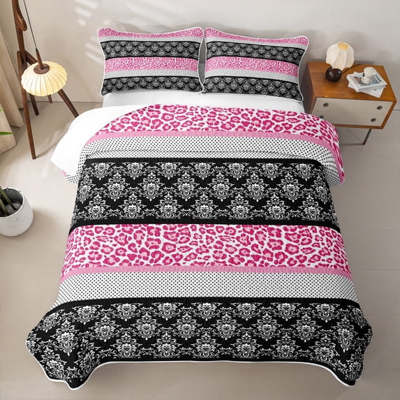 Erosebridal Girly Boho Damask Quilt King for Women Girls, Fashion Cheetah Print King Coverlet Set, 3 Pieces