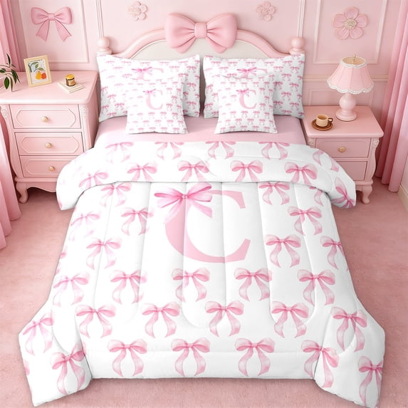 Erosebridal Girly Bow 7 Pieces Bedding Comforter Set For Kids,Pink Letter D Personalized Initial Full Bedding Set,Pink Reversible