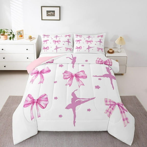 Erosebridal Girly Bow Bedding Twin Comforter Set,Dance Theme Down Comforter,Ballet Flower Bedding Sets Twin with Comforter,Super Cozy Dreamy Room Decorative,Reversible,3pcs