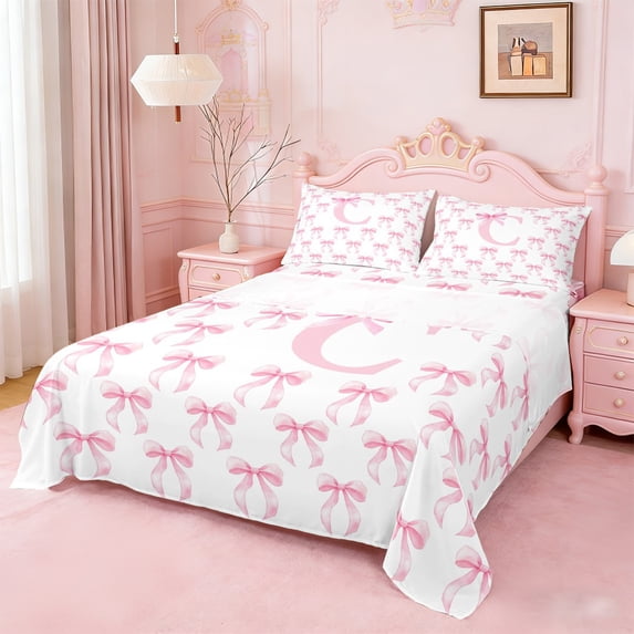 Erosebridal Girly Bow Full Size Sheets For Kids,Pink Letter D Personalized Initial Bed Sheets 4-Piece