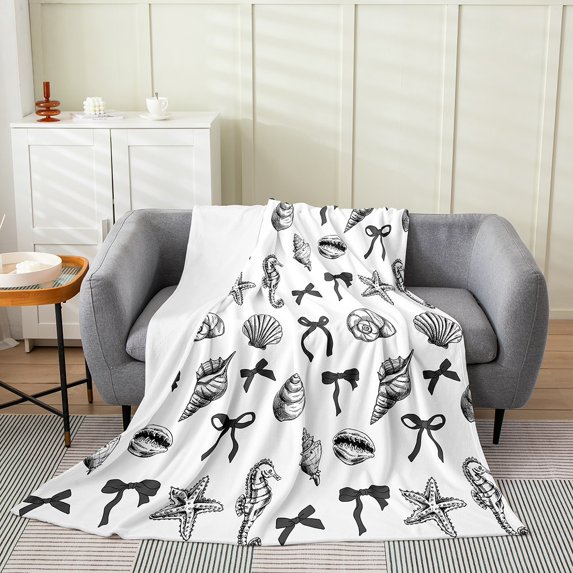 Erosebridal Girly Bow-Tie Throw Blanket for Couch, Sea Starfish Conch Seashell Seahorse Fleece Throw 50x60