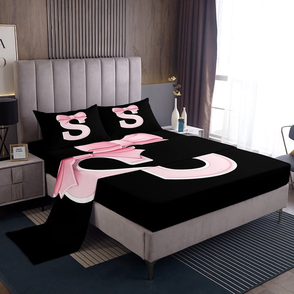 Erosebridal Girly Bowknot Bed Sheets Set Twin Size, Initial Letter S Bed Sheets Twin, Cartoon Monogrammed Twin Sheet Sets, Breathable Bedroom Decorative, 3pcs