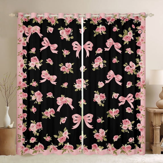 Erosebridal Girly Bowknot Blackout Curtains Set of 2 (52x84 Each) For Girls,Pink Rose Rustic Flower Window Curtains For Kids