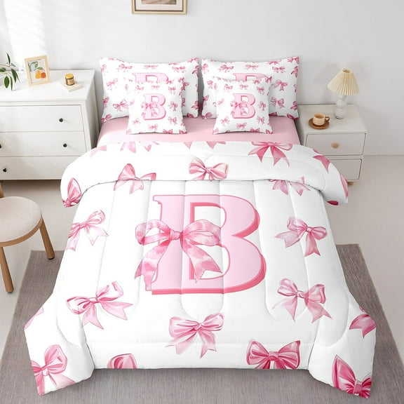 Erosebridal Girly Bowknot Initial Bedding Sets Twin Size,Dreamy Princess Comforter Sets with Sheets,Teens Bedroom Decor,Reversible,Breathable,7-Piece
