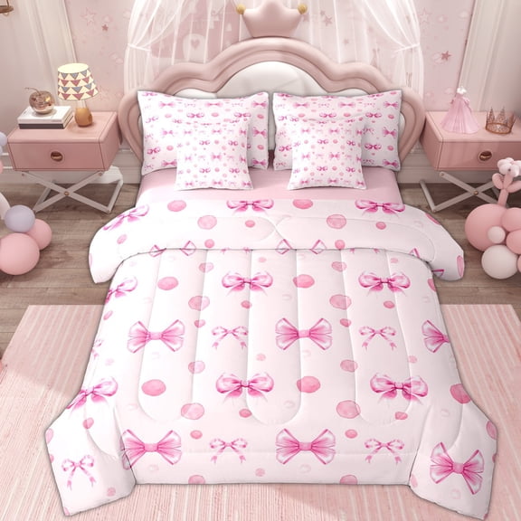 Erosebridal Girly Bowknot Kids Bedding Comforter Set 7pcs, Cycle Polka Dots King Bedding Sets, Pink Reversible