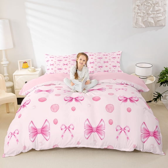 Erosebridal Girly Bowknot Kids Duvet Cover Set, Cycle Polka Dots Bedding Full, Pink Reversible, 3 Pieces, No Comforter