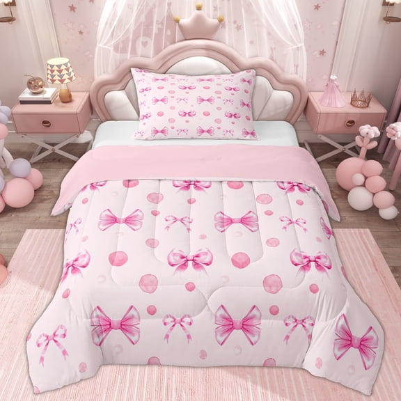 Erosebridal Girly Bowknot Kids Twin Comforter Sets, Cycle Polka Dots Bedding Set, Pink Reversible, 2 Pieces