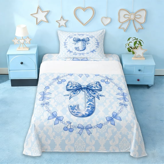 Erosebridal Girly Bowknot Print Twin Sheet Sets,Vintage Blue Monogrammed J Bedding For Kids Women 3-Piece