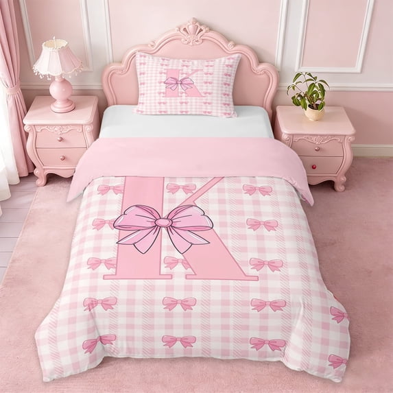 Erosebridal Girly Bowknot Twin Bedding For Kids,Letter K Initial Kids Duvet Cover Set,Pink Reversible,2-Piece(No Comforter)