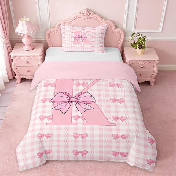 Erosebridal Girly Bowknot Twin Bedding For Kids,Letter K Initial Kids Duvet Cover Set,Pink Reversible,2-Piece(No Comforter)