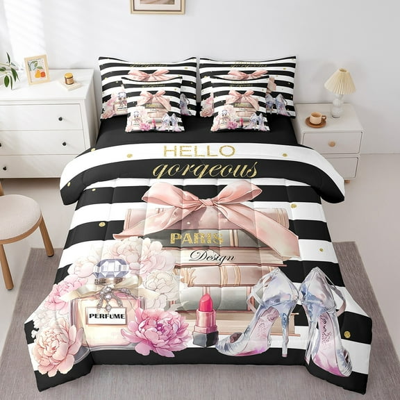 Erosebridal Girly Cosmetics Bed in a Bag King Size, Perfume High Heels Lipstick Bed Set, Black White Stripe Bed Sheets Setp with Comforter, Microfiber Room Decorative, Reversible 7 Pieces