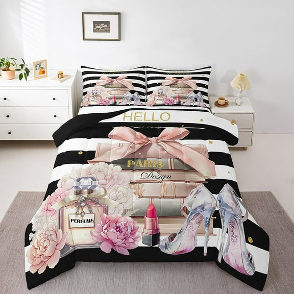 Erosebridal Girly Cosmetics Bedding Queen Comforter Set, Perfume High Heels Lipstick Down Comforter, Black White Stripe Bedding Sets Queen with Comforter, Microfiber Room Decorative, 3 Pieces