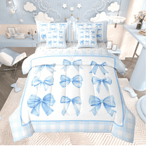 Erosebridal Girly Cute Bow Tie Bedding Sets Twin Size,Buffalo Plaid Comforter Sets with Sheets,Geometric Decoration,Reversible,Lightweight,7-Piece