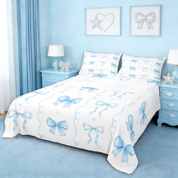 Erosebridal Girly Cute Bowtie Queen Sheet Sets,Blue Bowknot Ribbon Bed Set For Kids 4-Piece