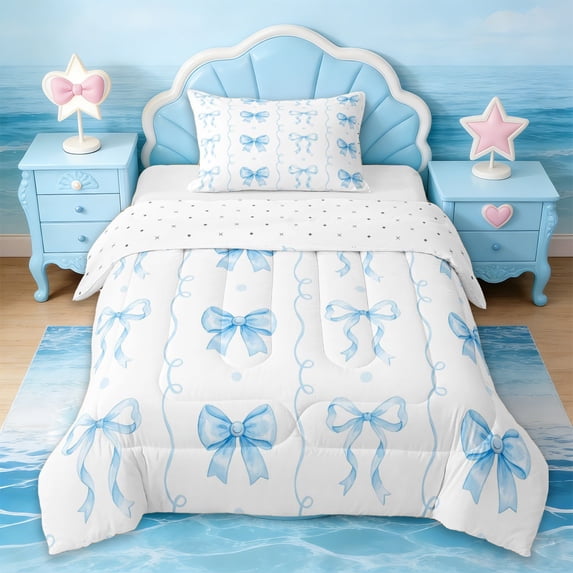 Erosebridal Girly Cute Bowtie Twin Comforter Sets,Blue Bowknot Ribbon Bedding Set For Kids,Reversible,2 Pieces