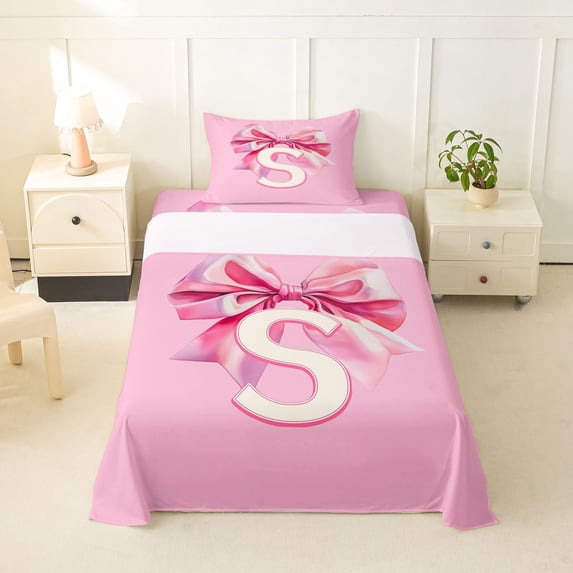 Erosebridal Girly Cute Pink Bows Twin Sheet Sets,Cartoon Letter S Print Bedding For Kids 3-Piece