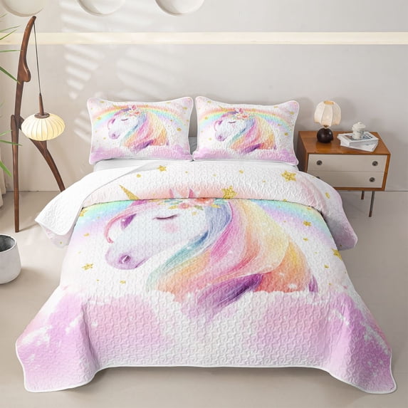 Erosebridal Girly Dreamy Unicorn Twin Quilt Set, Cartoon Rainbow Flower Twin Coverlet Set, 2 Pieces