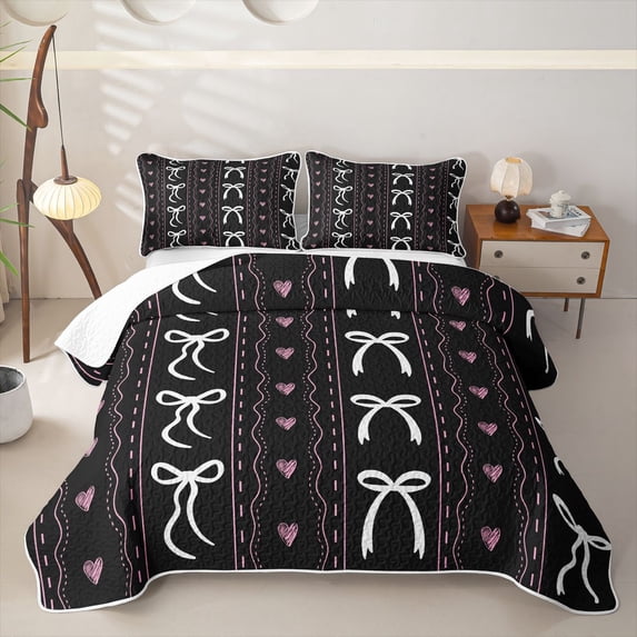 Erosebridal Girly Kawaii Bow Quilt Full for Boys Girls, Princess Ribbon Full Bedspread Sets, 3-Piece