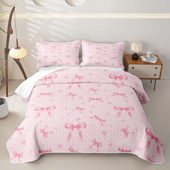 Erosebridal Girly Kawaii Ribbon Twin Quilt Set for Girls Women, Princess Bow Love Heart Twin Coverlet Set, 2pcs
