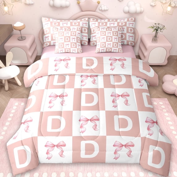 Erosebridal Girly Personalized Gifts 7 Pieces Bedding Comforter Set,Pink Grid Alphabet D Print Full Bedding Set For Kids,Reversible pink