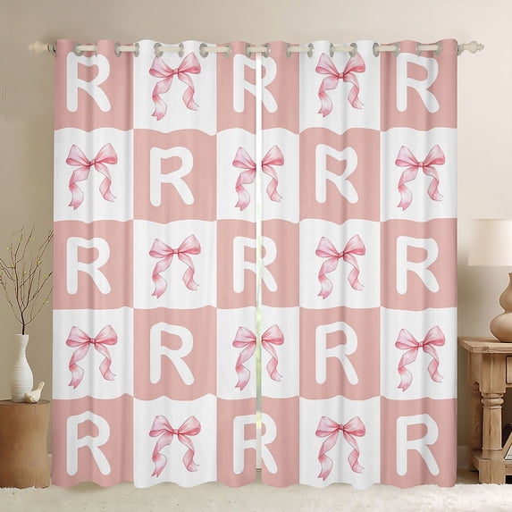 Erosebridal Girly Personalized Gifts Black Out Curtains,Pink Grid Alphabet R Print Curtains Pack of 2 (42x63 Each) For Kids