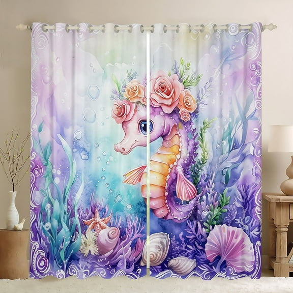 Erosebridal Floral Seahorse Curtains for Living Room,Underwater World 30%-50% Blackout Curtains Set of 2 (38x45),Sealife Decoration