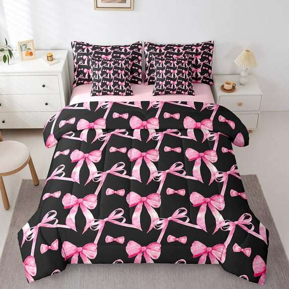 Erosebridal Girly Pink Bow Bedding Full Size, Love Heart Bedding Sets Full Size, Kawaii Princess Reversible Bed Set, Ultra Soft Bedroom Decor, 7-Piece