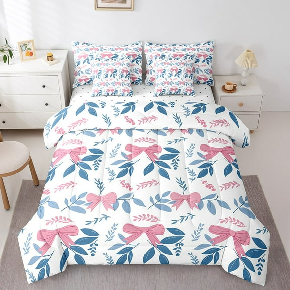Erosebridal Girly Pink Bow Bedding, Retro Plant Bed in a Bag, Modern Fashion Reversible Bed Set, Breathable Bedroom Decorative, 7pcs