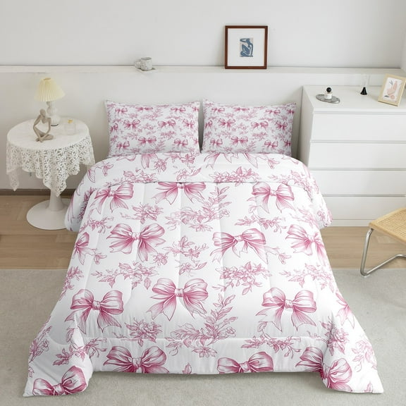 Erosebridal Girly Pink Bow Bedding Sets Queen with Comforter, Vintage Flower Duvet Insert, Princess Bowknot Decor, Super Cozy