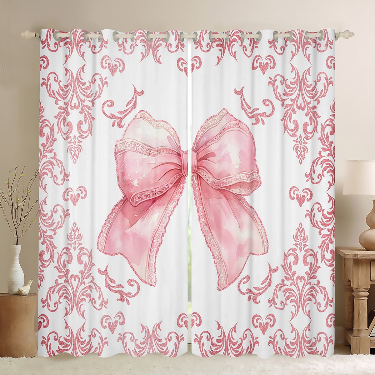 Erosebridal Girly Pink Bow Curtains for Living Room, Damask Floral 30%-50% Blackout Curtains Set of 2 (38x45), Cute Princess Decor