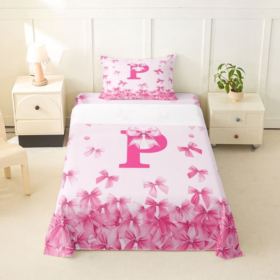 Erosebridal Girly Pink Bow-tie Twin Sheet Sets, Kawaii Monogrammed P Bedding, 3pcs