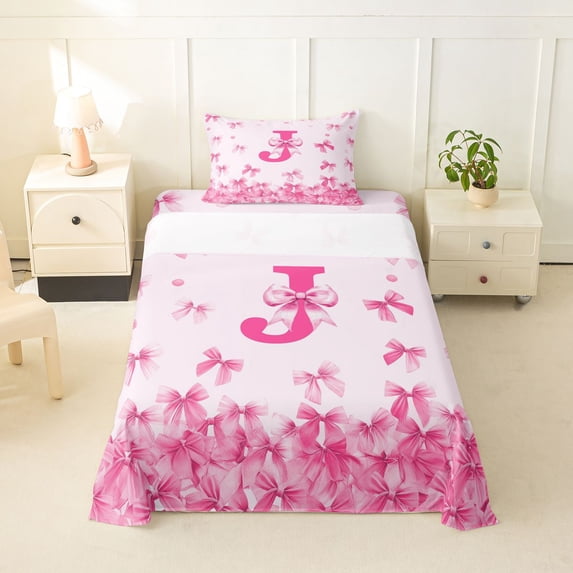 Erosebridal Girly Pink Bow-tie Twin Sheet Sets, Monogrammed J Bedding, 3-Piece
