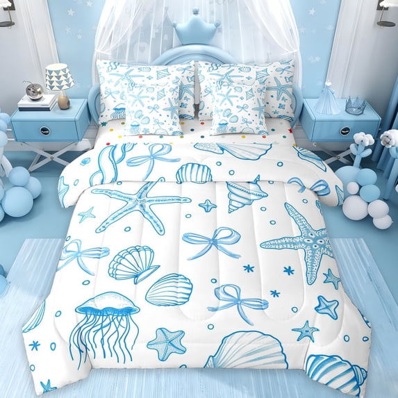 Erosebridal Girly Pink Bowknot 7 Pieces Bedding Comforter Set,Ocean Animal Jellyfish Shell Full Bedding Set For Kids,Reversible