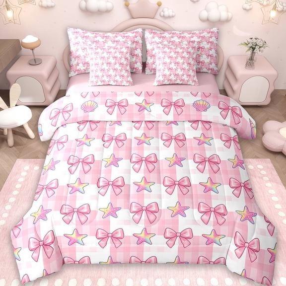 Erosebridal Girly Pink Bowknot 7pcs Bedding Comforter Set For Kids,Cute Rainbow Ombre Stars Queen Bedding Sets,Reversible