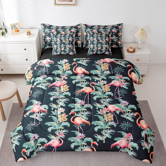 Erosebridal Cartoon Flamingo Bedding Sets Full Size, Tropical Aniaml Comforter Sets with Sheets, Palm Botanical Decor, Reversible