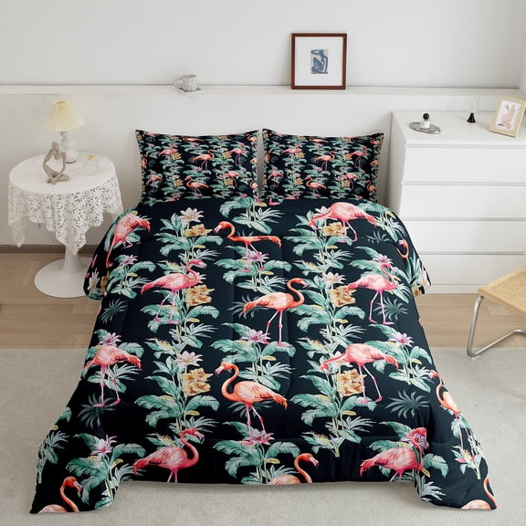 Erosebridal Cartoon Flamingo Comforter Sets Twin Size, Tropical Aniaml Comforters & Duvets, Palm Botanical Decor, Reversible