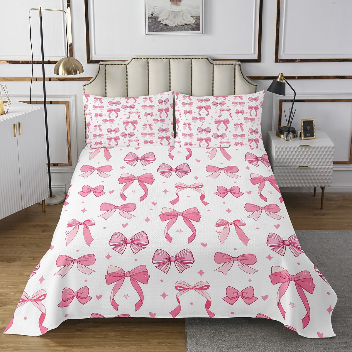 Erosebridal Girly Pink Bowknot Bedspread Pink Bow Bedspread for Kids Boys Girls Princess Style Coverlet Set Cute Bowknot Quilted Bedroom Collection 2Pcs Twin Size